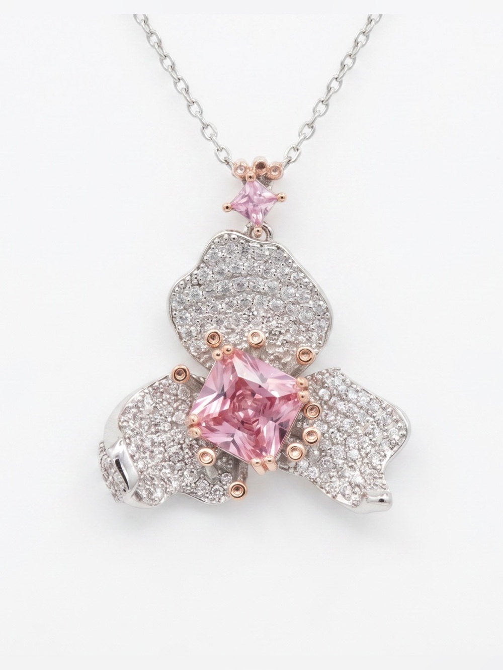 Iris Pink CZ Pendant Necklace Silver